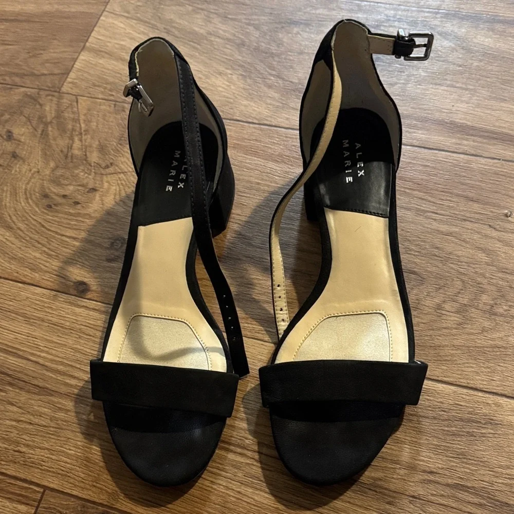 Alex Marie Black Suede Open-Toe Ankle-Strap Heels